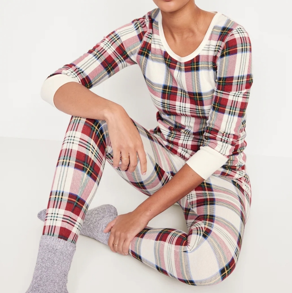 Old Navy Thermal PJ Set White Tartan Cotton Blend Size M